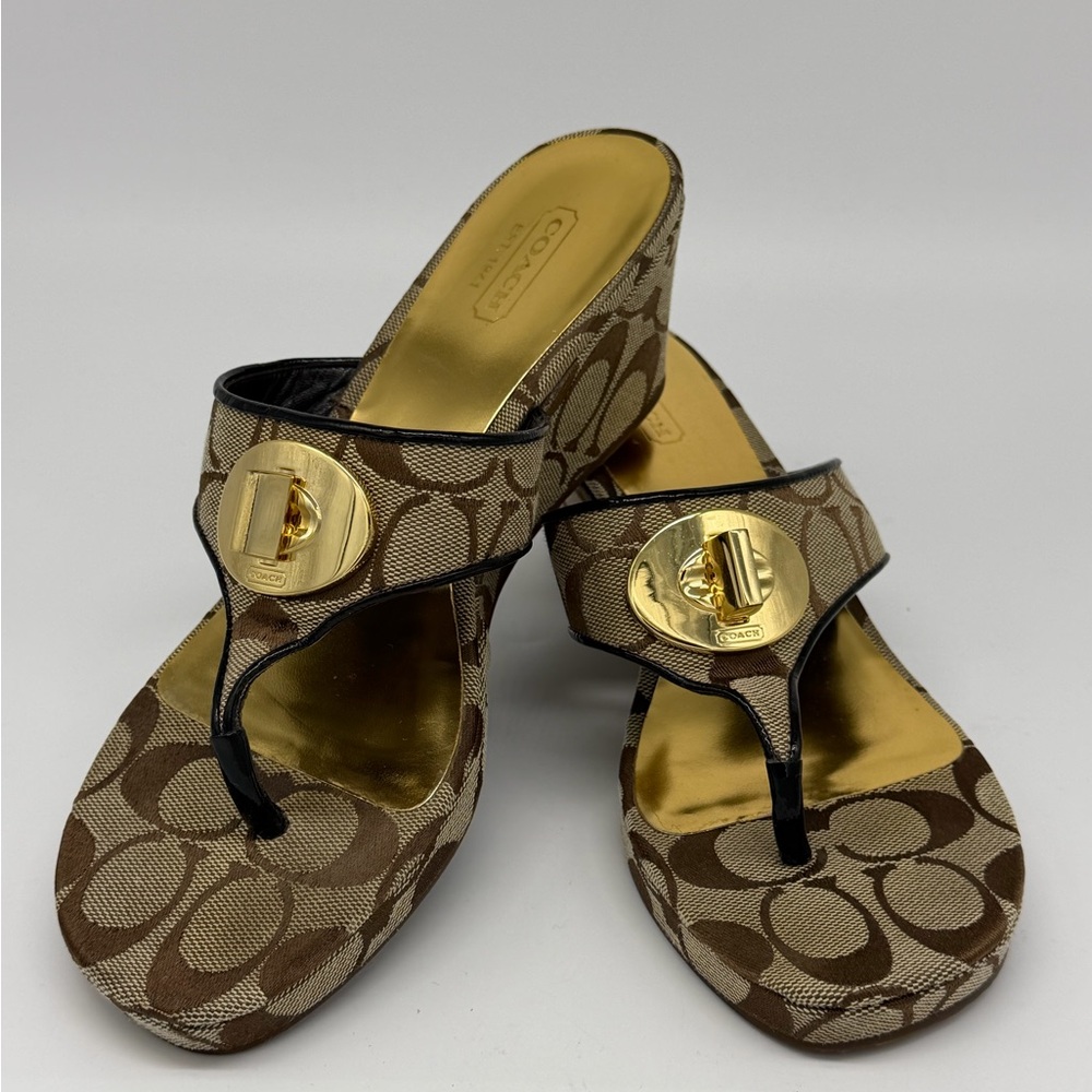 Coach Brown Signature Jacquard Thong Sandals with Gold Medallions